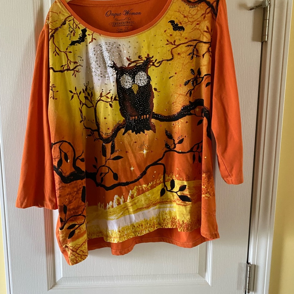 Onque Woman Orange and Yellow Owl Long Sleeve Tee